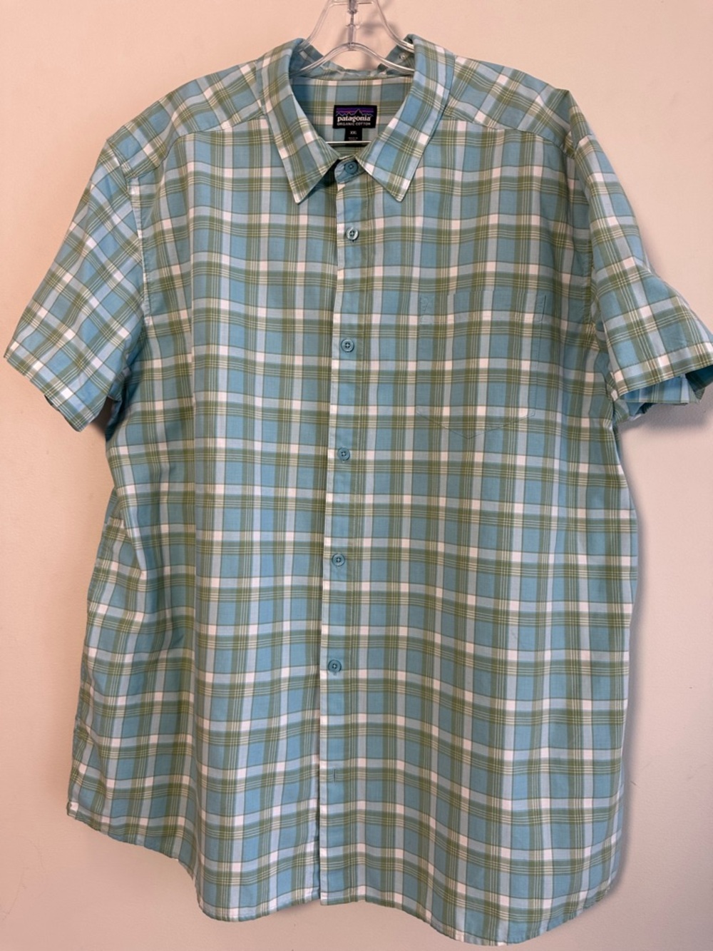 Patagonia Men’s Short-Sleeve Plaid Button-Down Shirt - Light Blue & Green